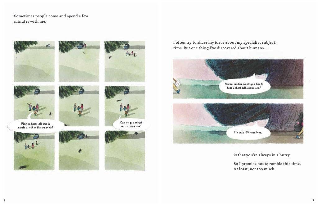 A Tree is a Time Machine book cover featuring people and a sloth by an old yew tree.