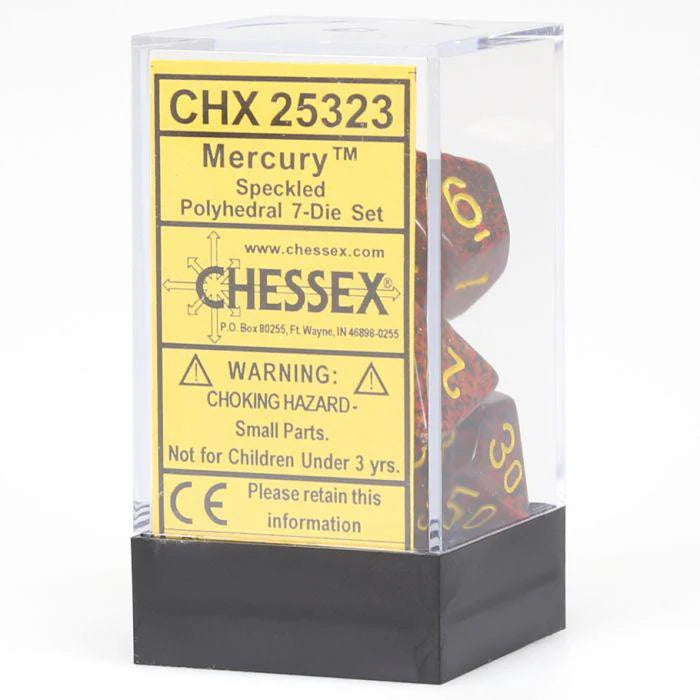 7-piece Speckled Mercury dice set with yellow numbers in a clear box with a yellow warning label.