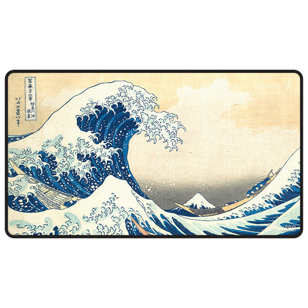 Black stitched playmat with The Great Wave Off Kanagawa design, including boats and Mount Fuji.