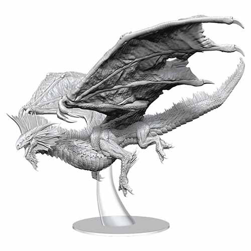 Unpainted Adult Silver Dragon D&D miniature with large wings, claws, and a clear stand.