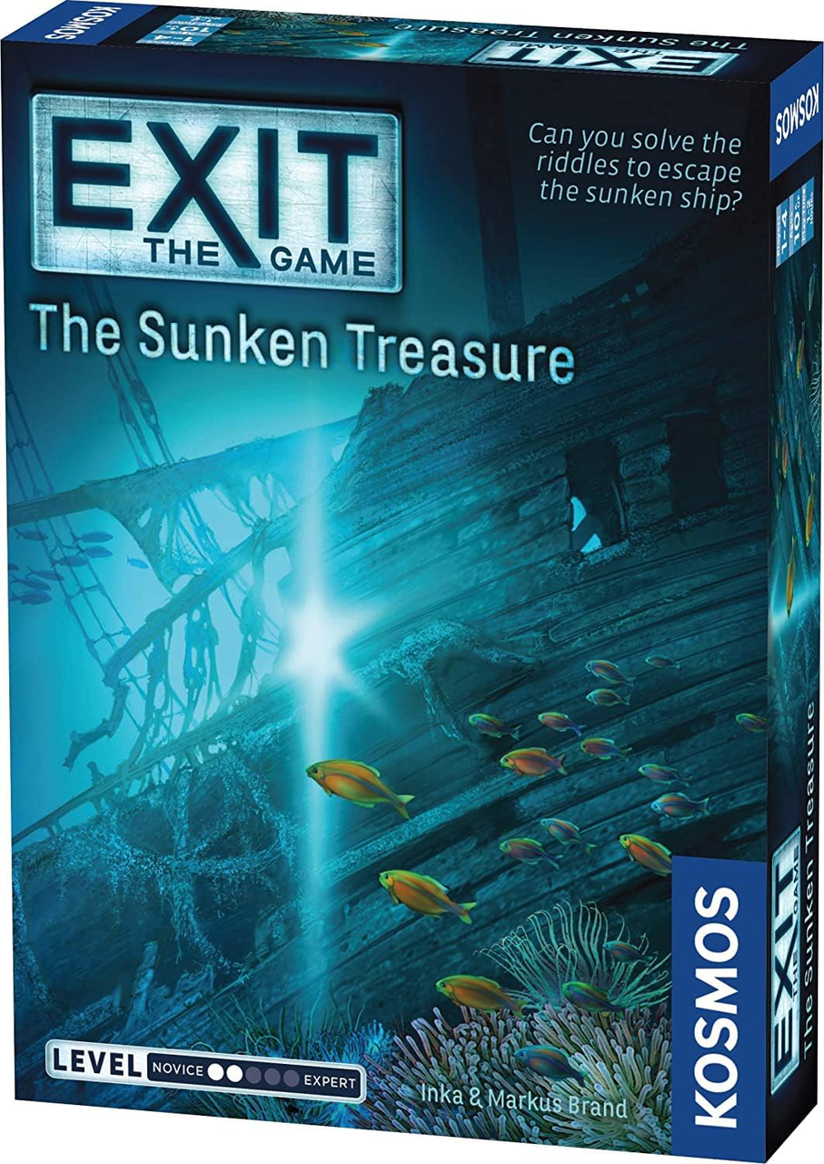 EXIT: The Sunken Treasure box cover with underwater shipwreck, fish, coral, and escape room game details.