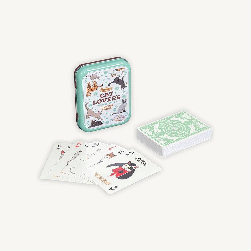 Cat Lovers Playing Cards featuring illustrated cats, displayed next to a mint tin.