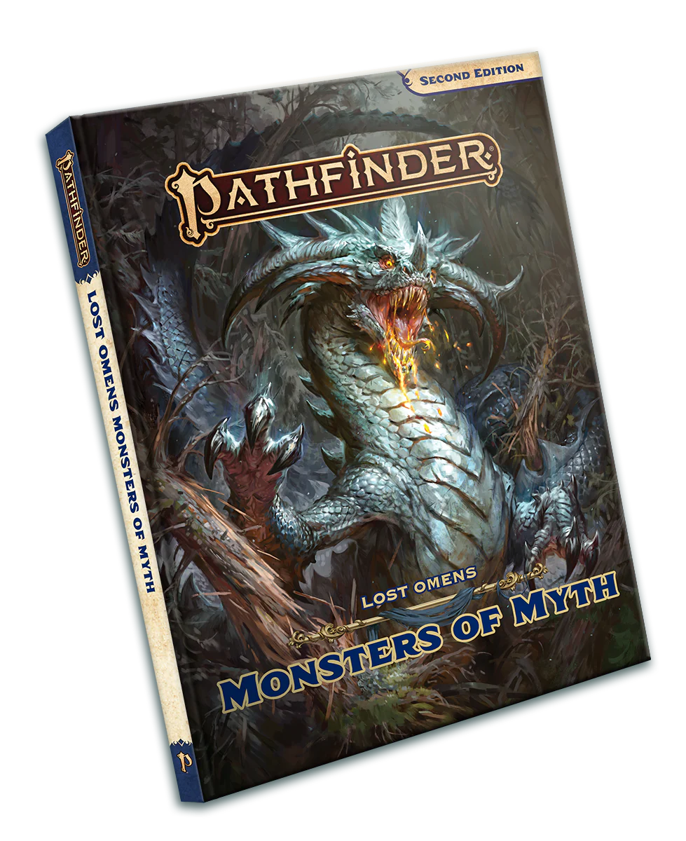 Pathfinder 2E Lost Omens: Monsters of Myth book cover showing a dragon and legendary Golarion creatures.