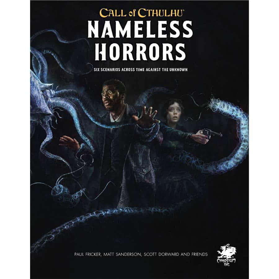 Call of Cthulhu (7E): Nameless Horror RPG book cover featuring a man and woman recoiling from ghostly tentacles.