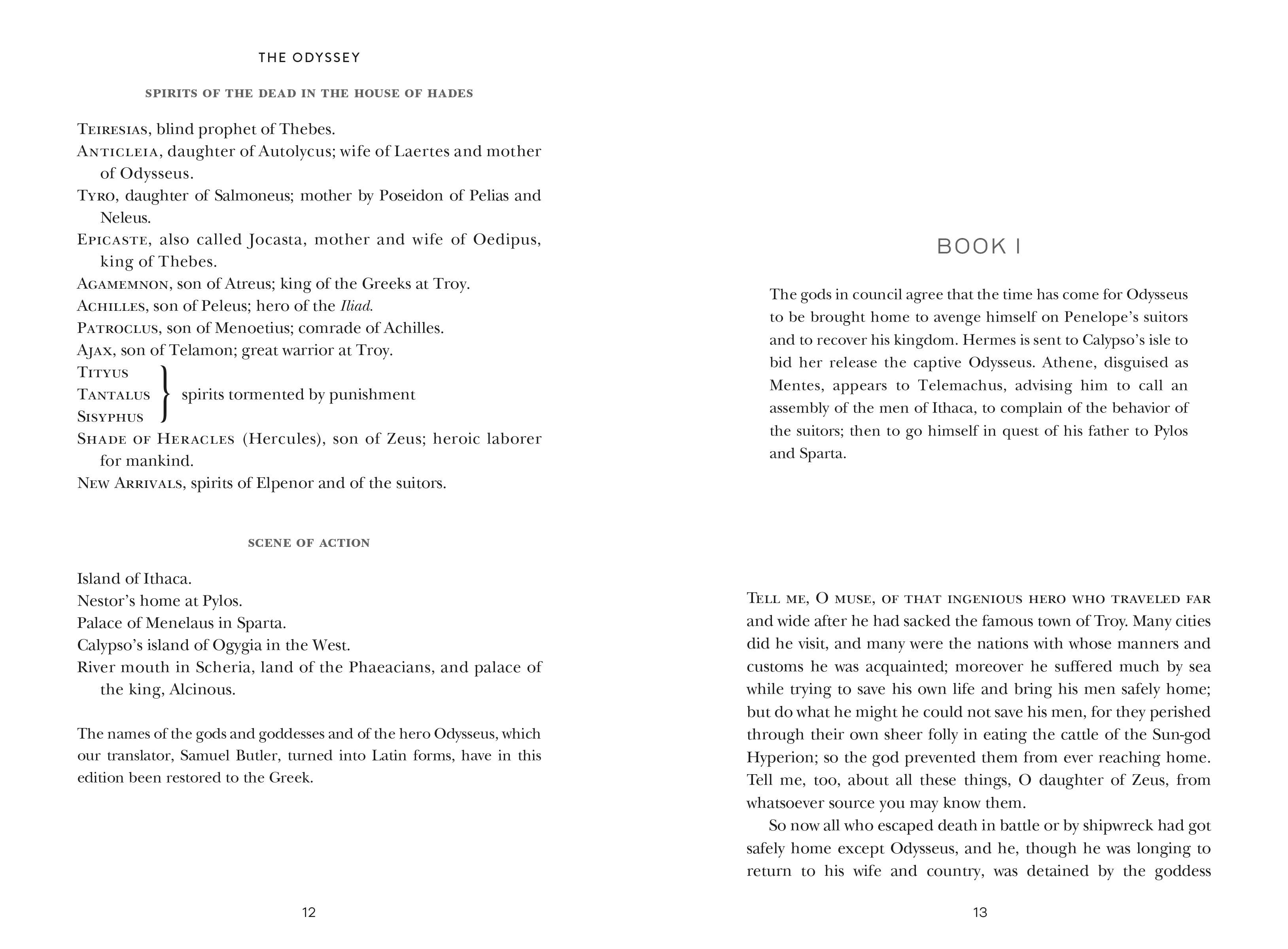 The Odyssey by Homer, Signature Clothbound Edition, open to pages with chapter titles, character list, and introduction.