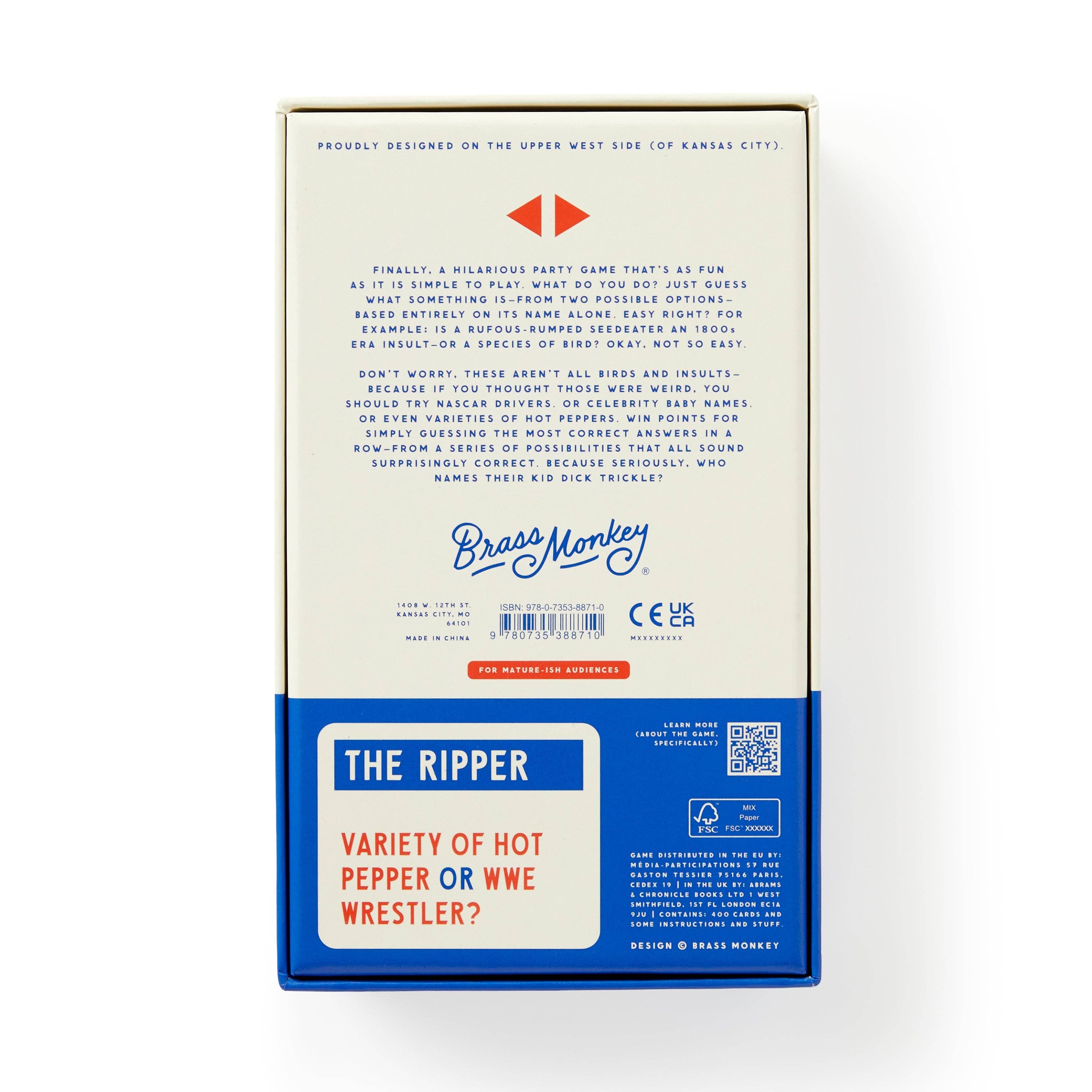 Brass Monkey Which Hunt party game box, blue and white. Guess if “The Ripper” is a hot pepper or wrestler.