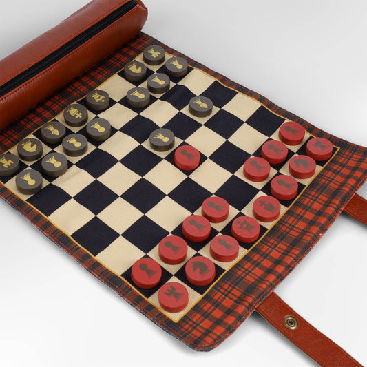 Pendleton Red Black Check Pattern Chess & Checkers set with plaid roll-up board and round red and black pieces.