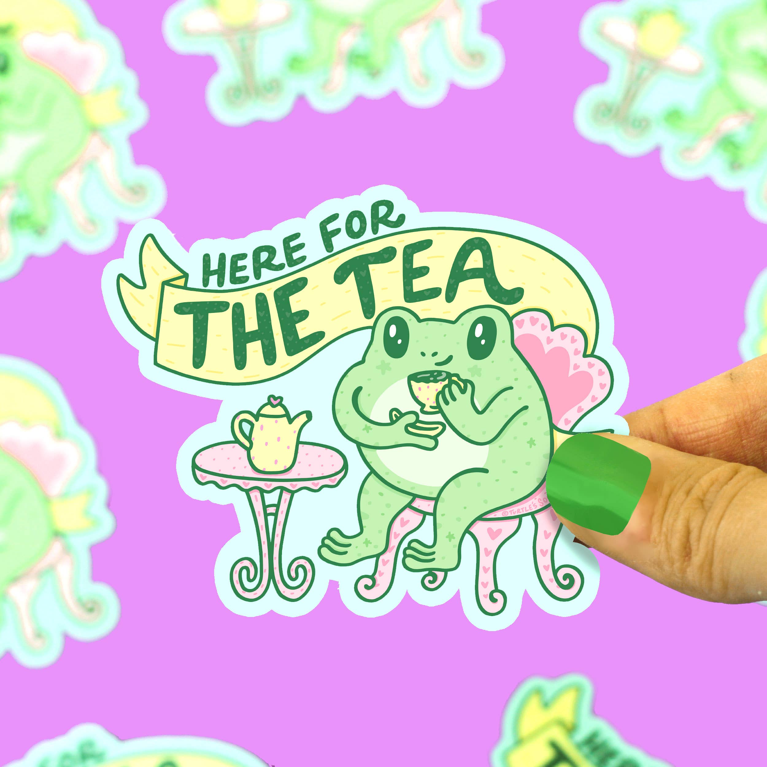 Here for the Tea Frog Gossip Laptop Decal Vinyl Sticker by Turtle’s Soup, showing a frog sipping tea.