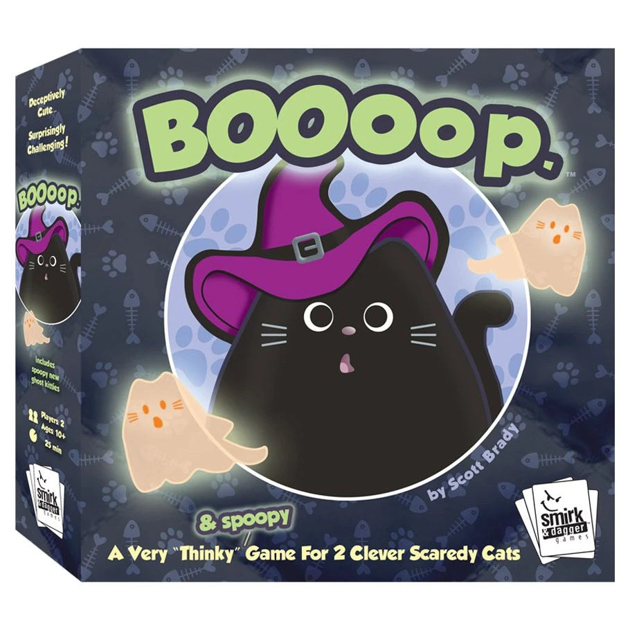 BOOop., a two-player abstract strategy game featuring a box with a black cat in a witch hat and playful ghosts.
