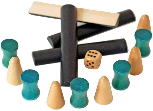 Wood Senet Game board with dice and batons on a white background.