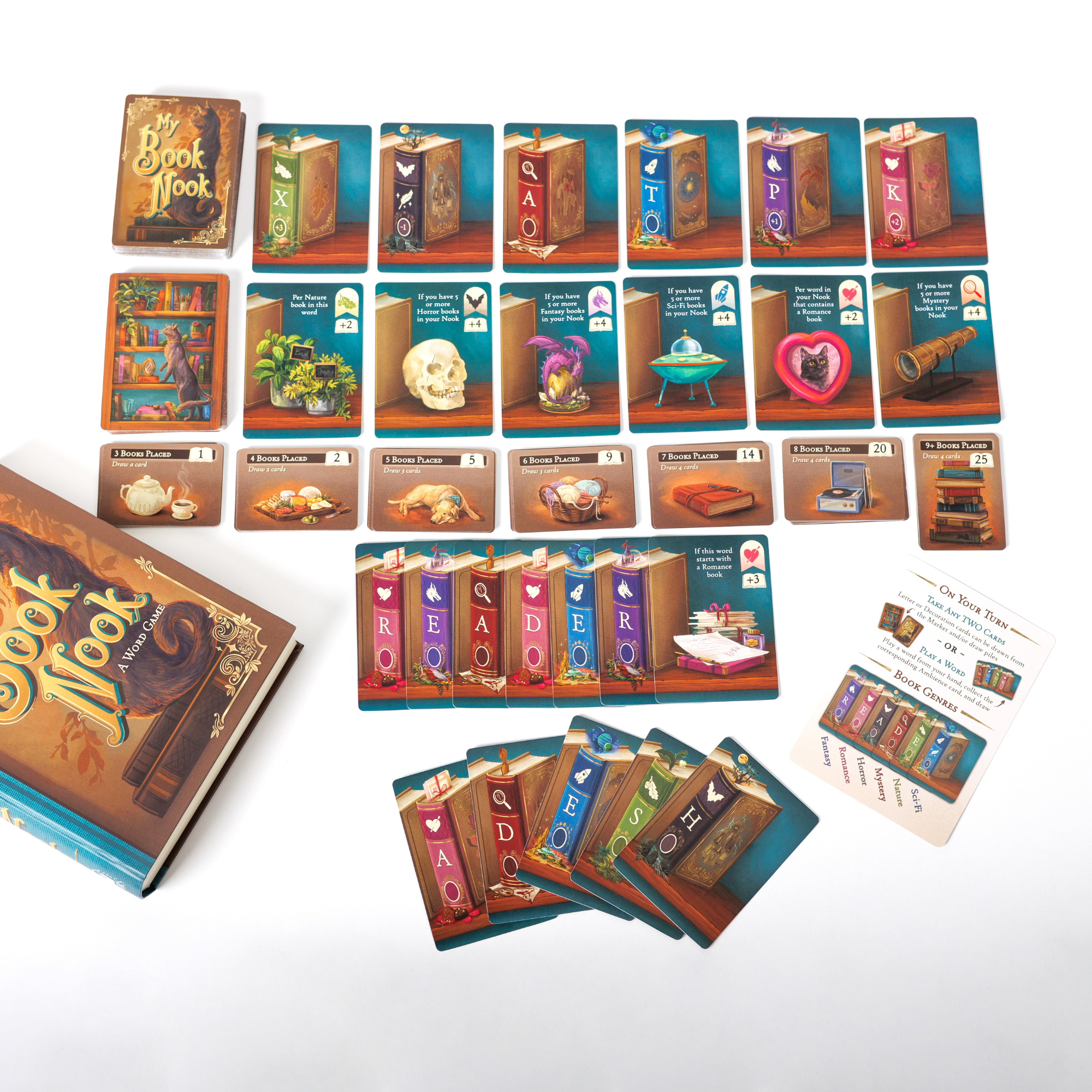 My Book Nook game components: book cards, object cards, rule sheets, and game box.