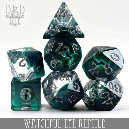 The Watchful Eye - Reptile set of 7 green and clear resin dice with silver numbers.