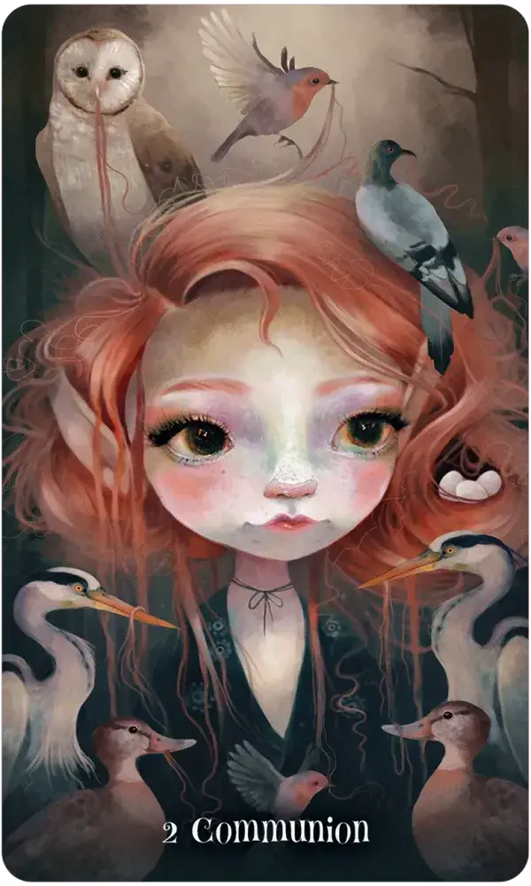 Wisdom of the Wild Things Oracle deck featuring a red-haired girl, birds, and two Communion symbols.