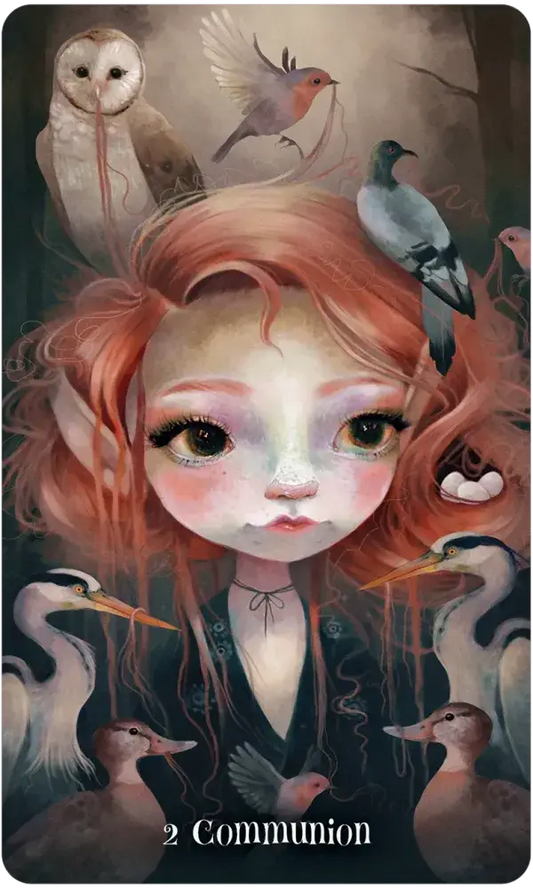 Wisdom of the Wild Things Oracle deck featuring a red-haired girl, birds, and two Communion symbols.