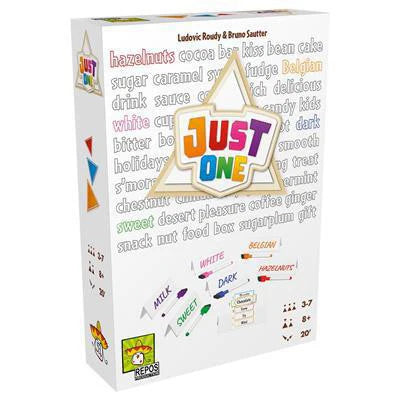Just One board game, white box edition, featuring colorful text and triangle logo. Cooperative party word guessing game.
