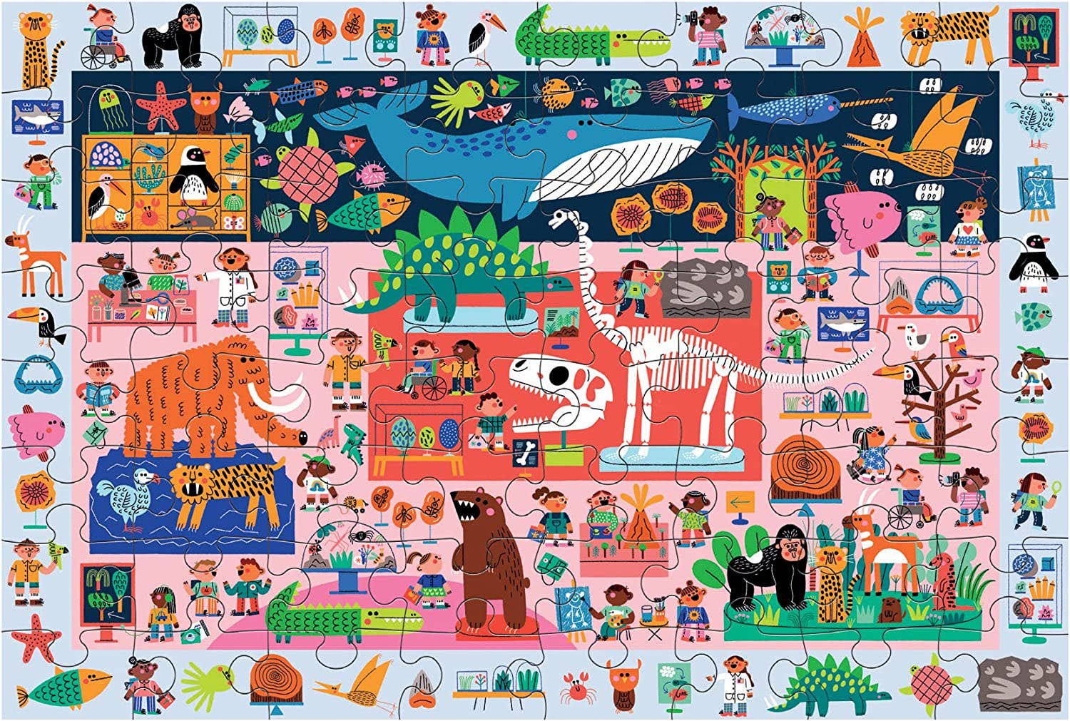 Natural History Museum Search & Find Puzzle with animals, dinosaurs, and fossils in museum and habitat scenes.