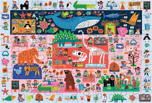 Natural History Museum Search & Find Puzzle with animals, dinosaurs, and fossils in museum and habitat scenes.