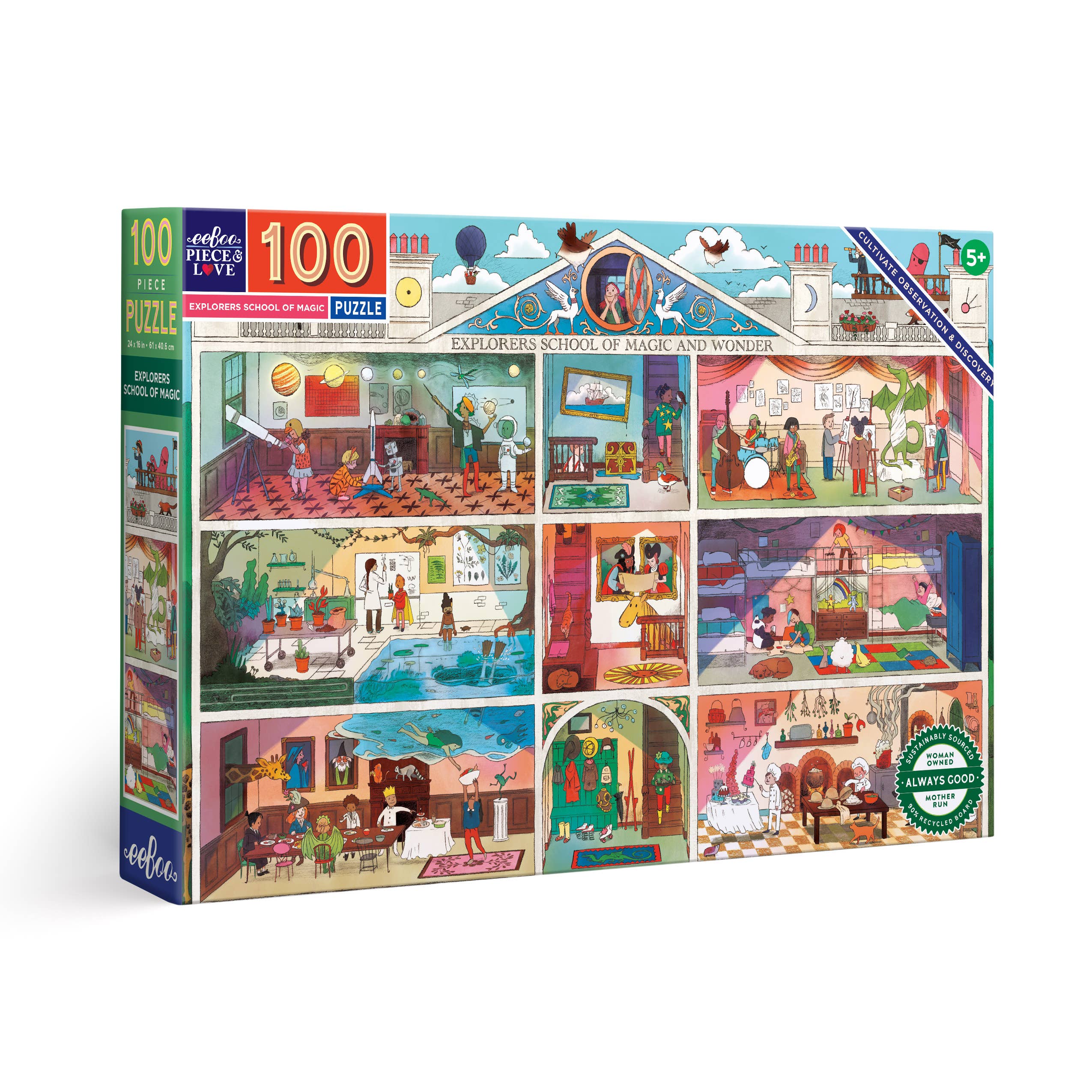 Explorers School of Magic 100 Piece Puzzle with scenes of students, teachers, and magical creatures.