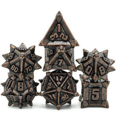 Ancient Copper Flail RPG Metal Dice Set with detailed metal dice for tabletop gaming.