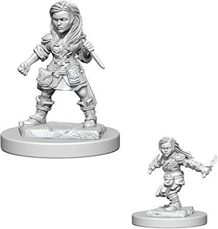D&D Nolzurs Marvelous Miniature W20 Female Halfling Rogue, two unpainted figures with daggers.