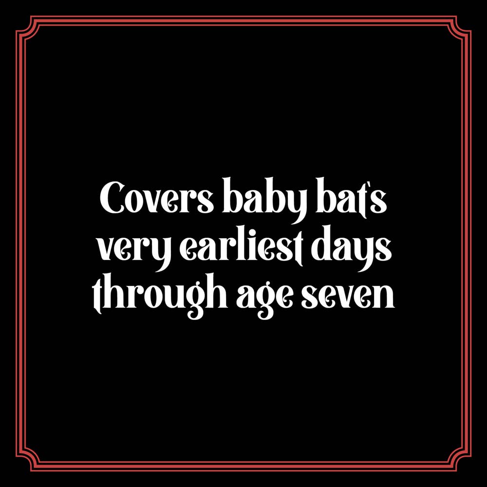 Goth Parenting illustrated humor book covering baby bats early years to seven, white text, red border.