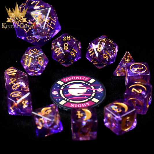 Moonlit Night 12 Dice Set: purple DND dice with gold numbers and a Moonlit Night game token.