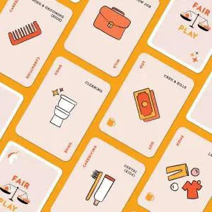 The Fair Play Deck: A Couples Conversation Deck cards showing chores and tasks.