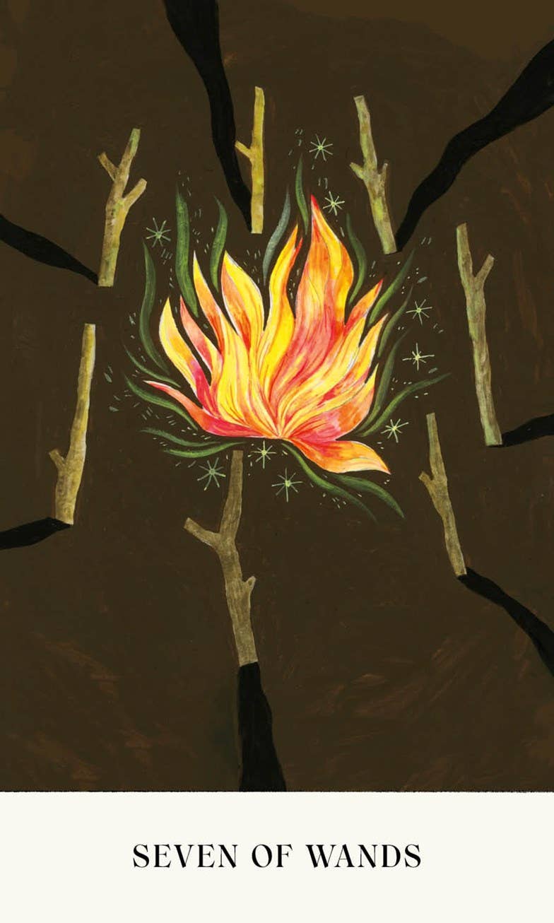Soul Tarot deck card featuring a bright flame and seven wooden wands on a dark background.