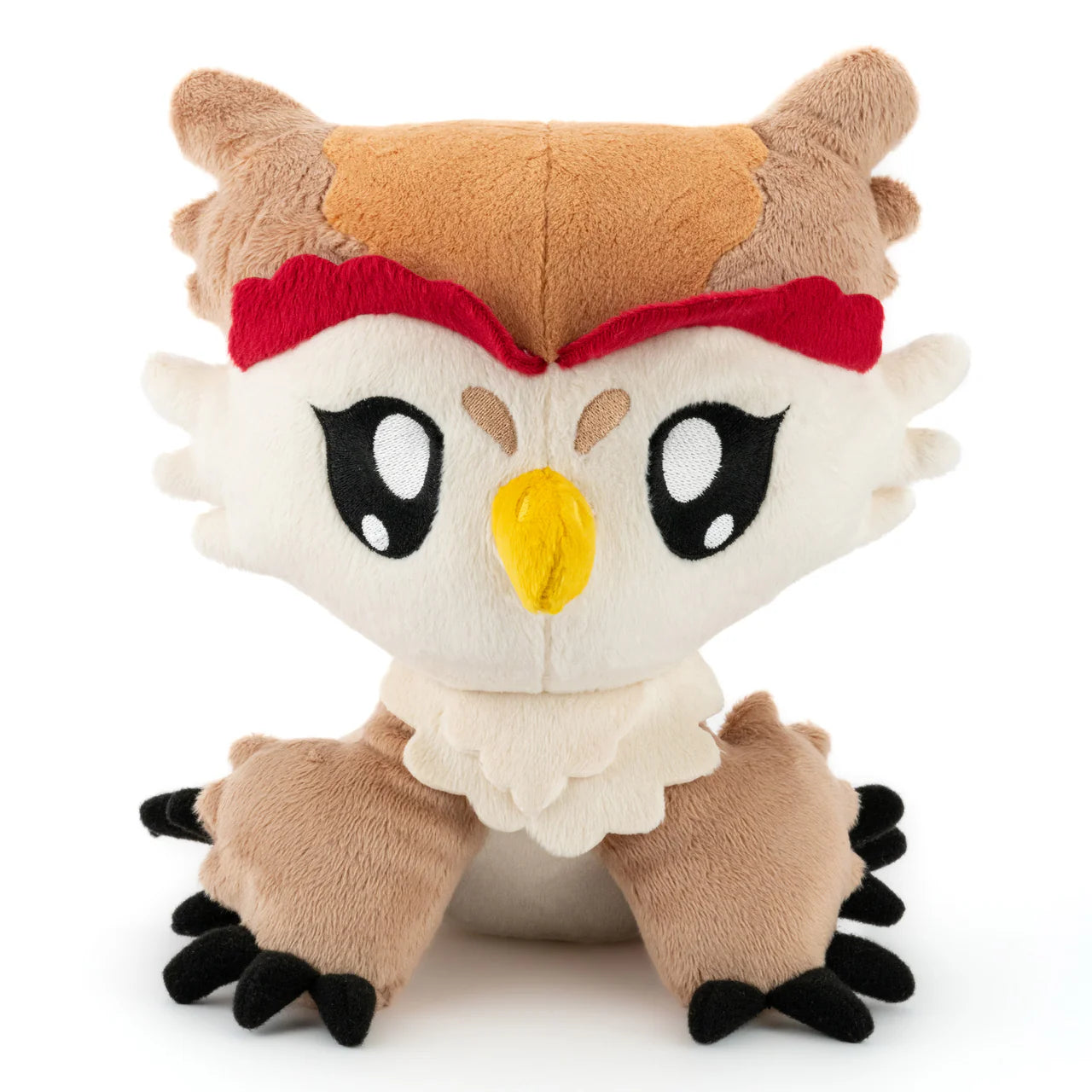 Owlbear Dawn 8-inch plushie with black eyes, yellow beak, brown wings, and a red mark above the eyes.