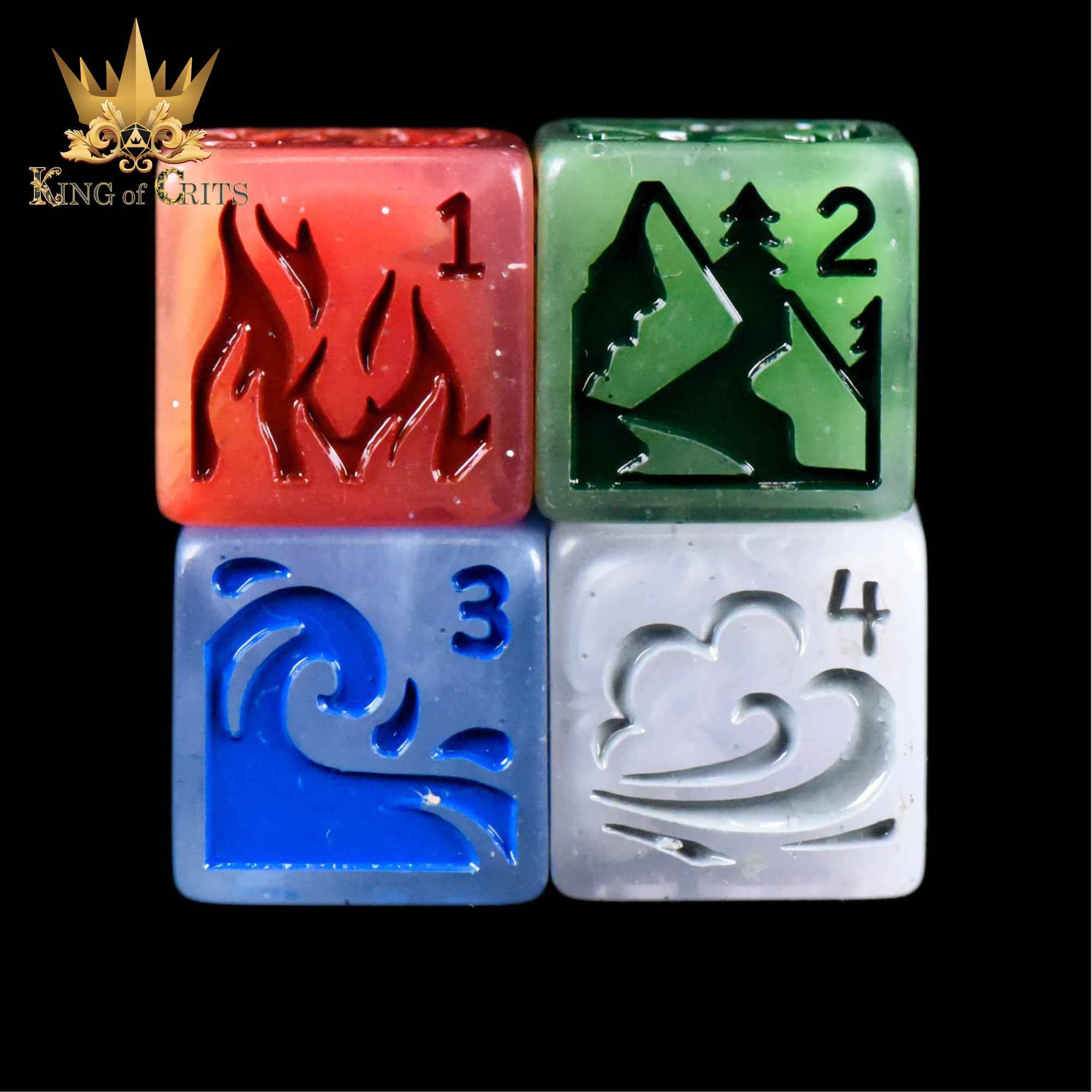 Forces of Nature 4D6 dice set with fire, mountain, wave, and cloud icons on black faces.