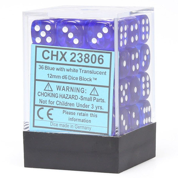 Box of 36 translucent blue and white 12mm d6 dice with white pips; small parts warning included.