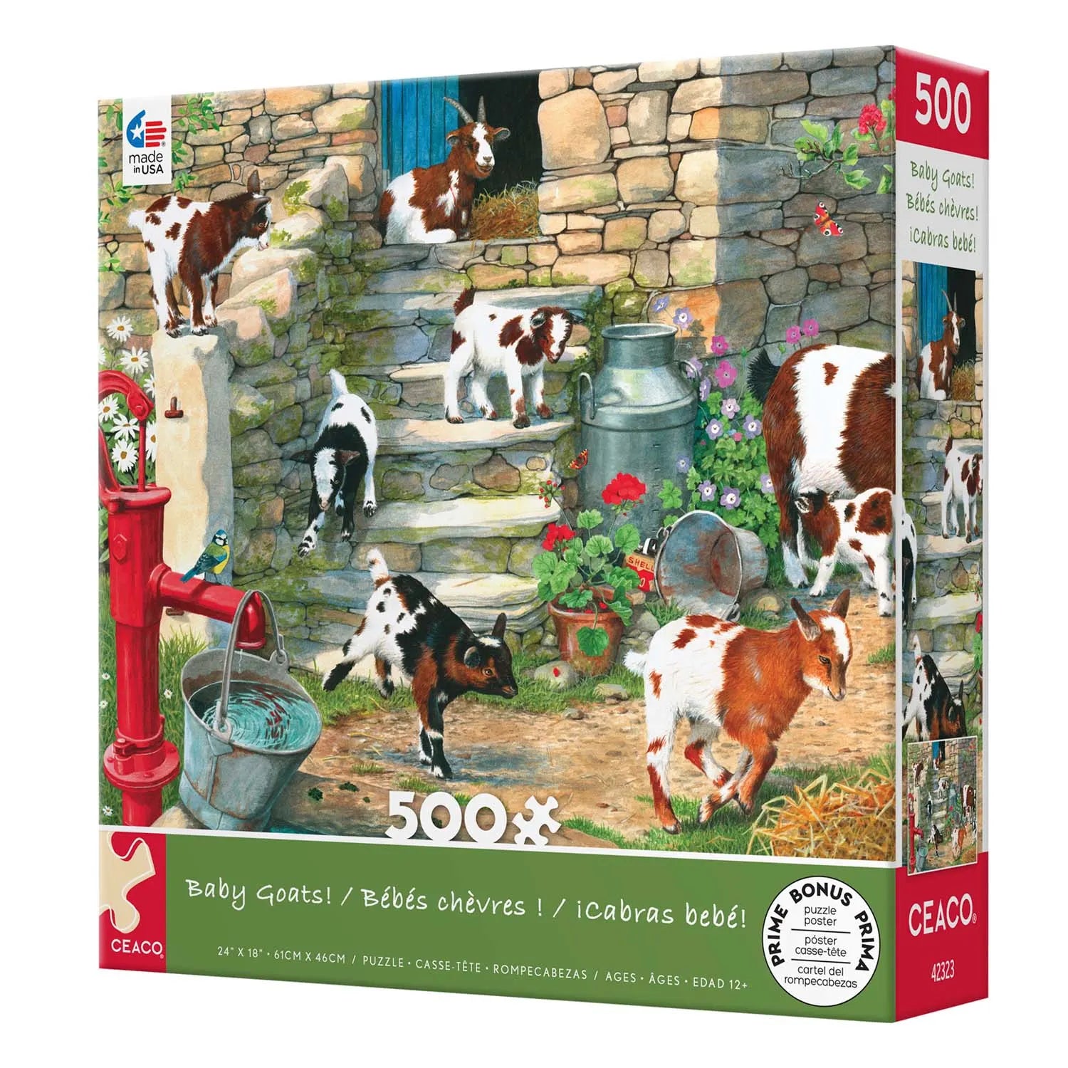 Baby Goats 500 piece jigsaw puzzle featuring baby goats in a farmyard setting.