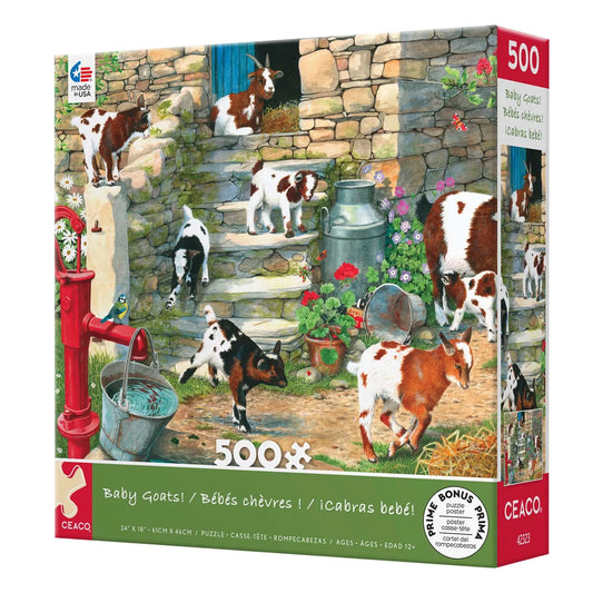 Baby Goats 500 piece jigsaw puzzle featuring baby goats in a farmyard setting.