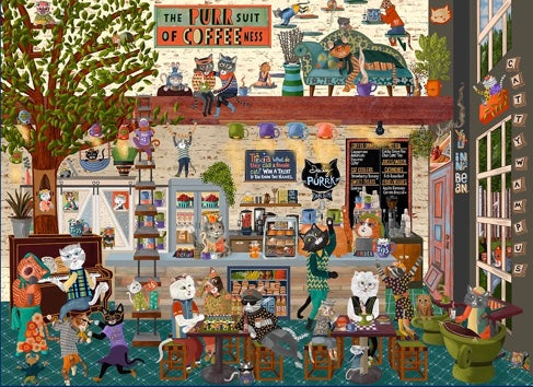 Cat Café 1000 Piece Puzzle featuring illustrated cats sipping coffee, reading, playing chess, and serving customers.