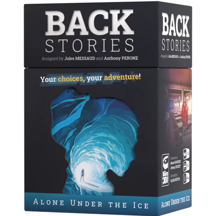 The Backstories: Alone Under the Ice game box with a silhouette cutout on the front.