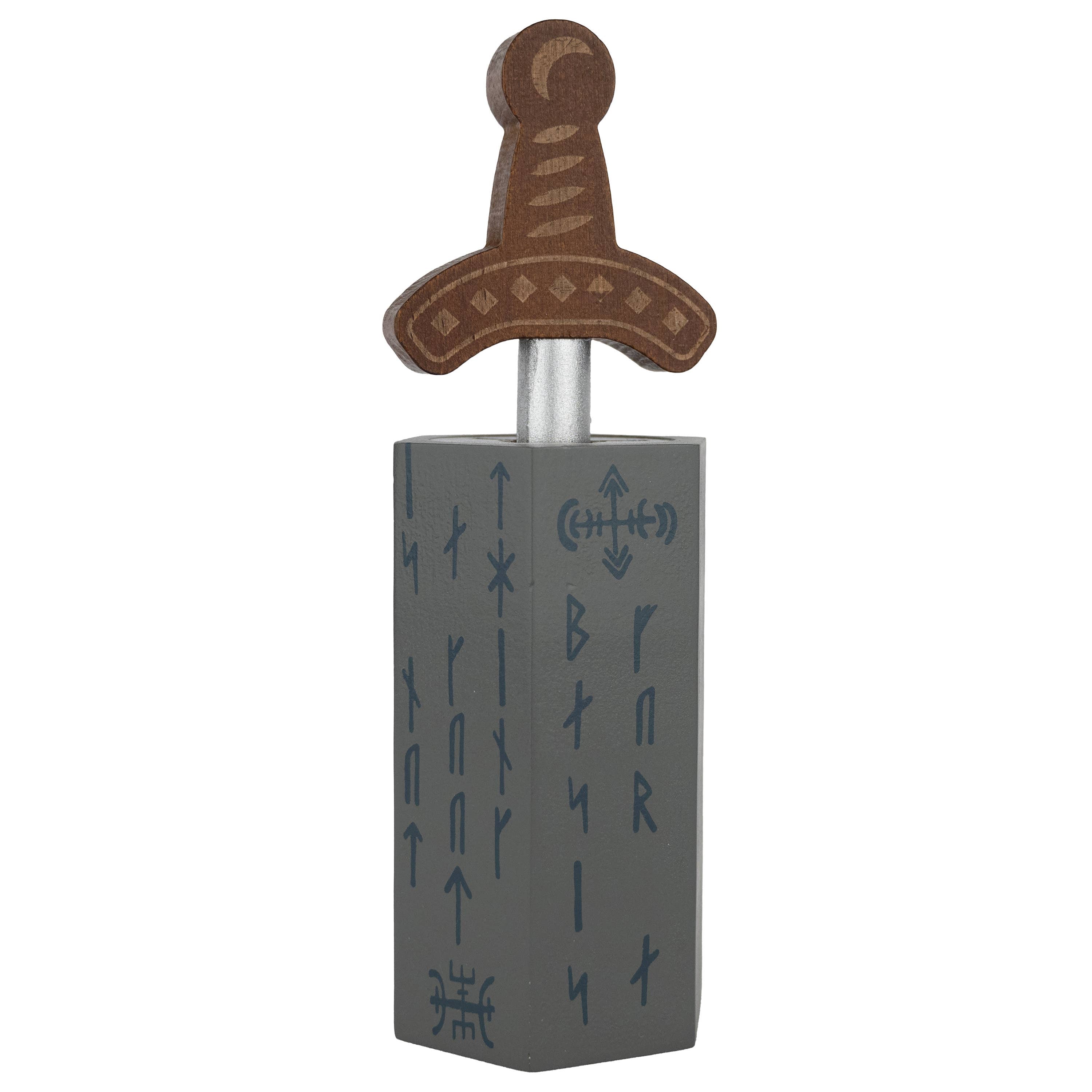 True Genius Sword in the Stone Puzzle with brown hilt, silver blade, and gray block.