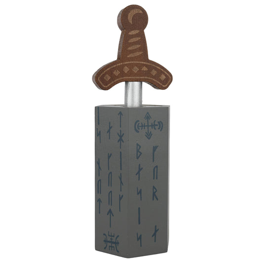 True Genius Sword in the Stone Puzzle with brown hilt, silver blade, and gray block.