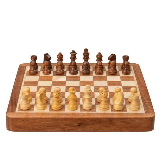 Travel Magnetic Wood Folding Chess Set, 7 inches, open and set up for play from the white side.