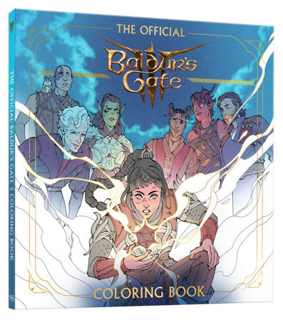 The Official Baldur’s Gate 3 Coloring Book cover showing illustrated fantasy characters.