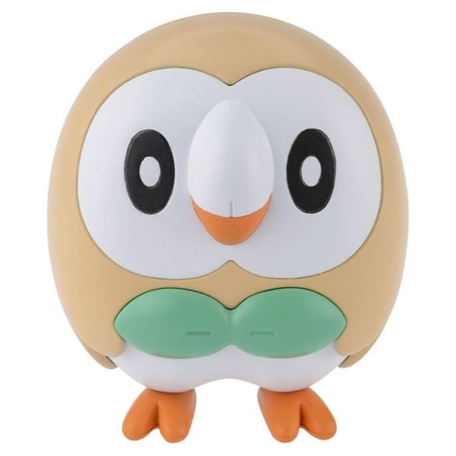 Pokémon Model Kit Quick Rowlet by Bandai; brown and white figure with large eyes, orange beak, and green bowtie.