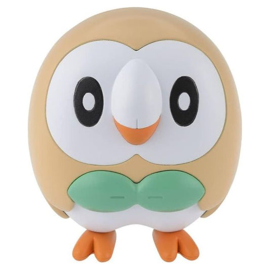 Pokémon Model Kit Quick Rowlet by Bandai; brown and white figure with large eyes, orange beak, and green bowtie.