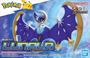 Pokémon Model Kit: Lunala by Bandai, showing the bat-like Pokémon with crescent-shaped wings on the box.