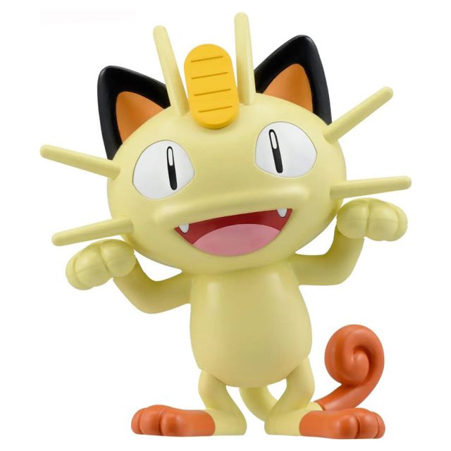Pokémon Model Kit Quick Meowth with cream fur, large eyes, head coin, and orange curled tail.