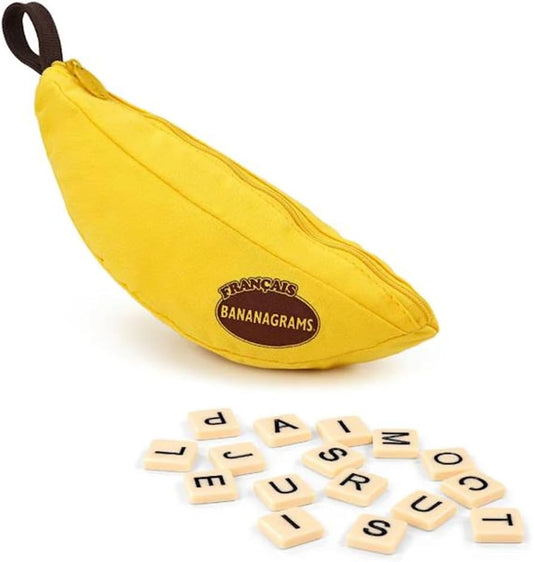 Yellow Bananagrams French edition pouch with letter tiles.