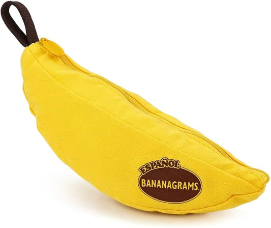 Yellow, banana-shaped zippered pouch for Bananagrams Spanish game.
