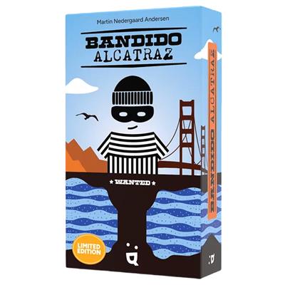 Bandito Alcatraz box featuring a cartoon thief, Golden Gate Bridge, and Wanted text.