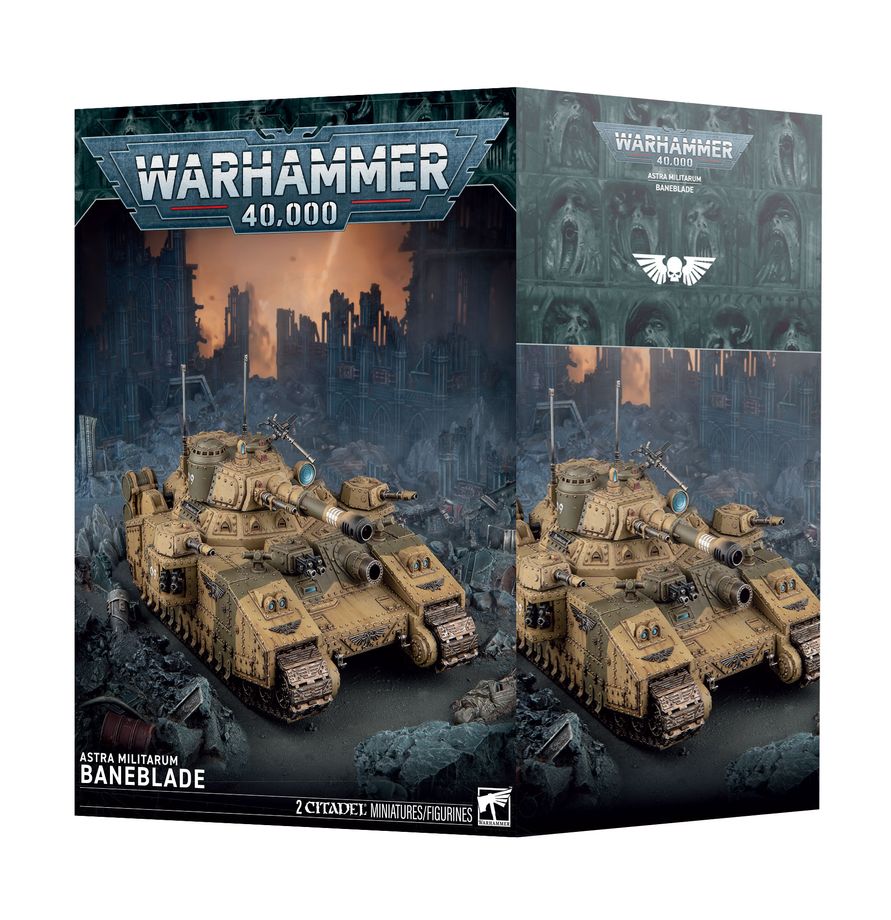 Warhammer 40,000 Astra Militarum Baneblade (2026) kit box with tan tank and cannons.