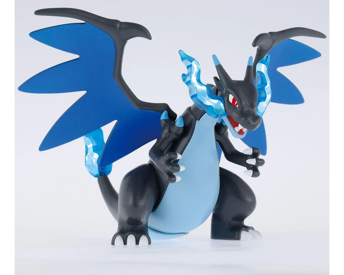 Mega Charizard X model kit with black and blue body, blue flames, two legs, and wide wings.