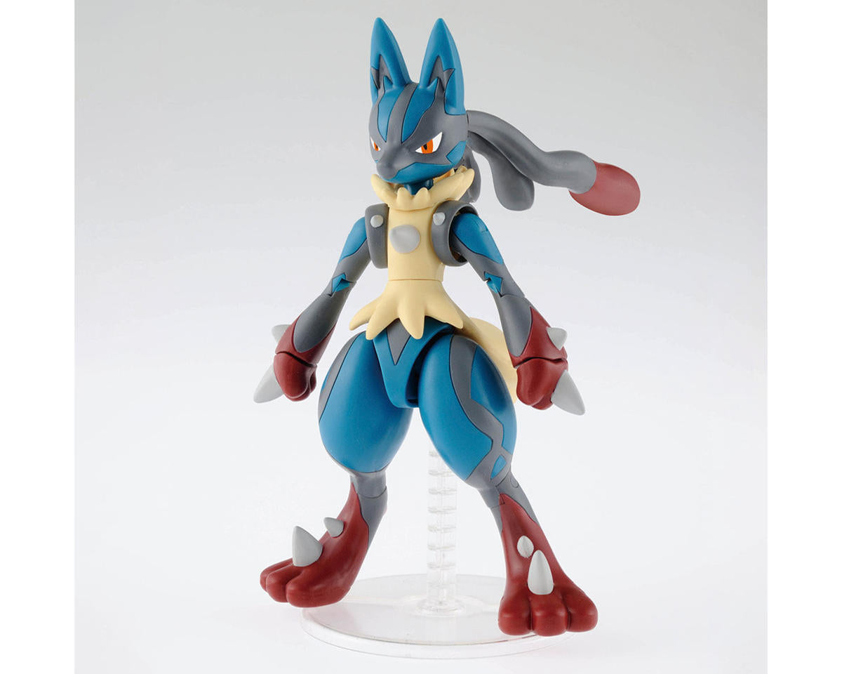 Pokemon Mega Lucario Model Kit with Lucario figure, outstretched arms, red claws, on a clear display base.