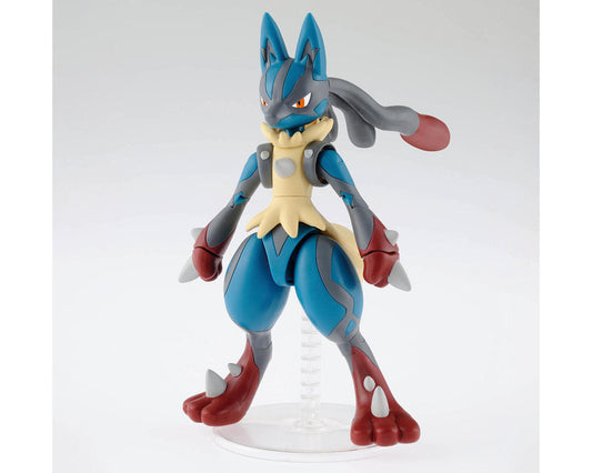 Pokemon Mega Lucario Model Kit with Lucario figure, outstretched arms, red claws, on a clear display base.